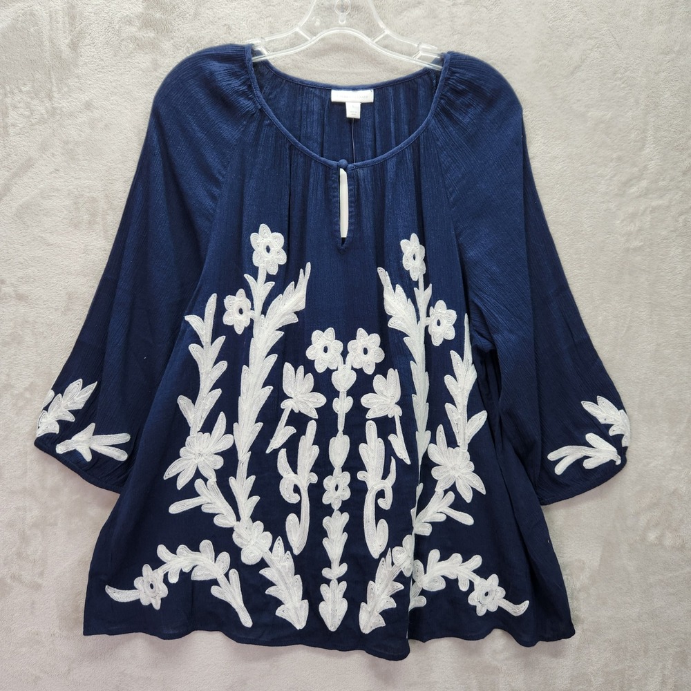 Charter Club Tunic Womens‎ Large Intrepid Blue Embroidered Blouse Riviera Sunset